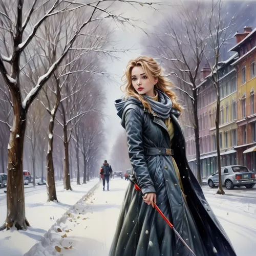 winter background,snow scene,woman walking,the snow queen,winter dress,winterblueher,girl walking away,oil painting on canvas,suit of the snow maiden,long coat,blonde girl with christmas gift,russian winter,oil painting,world digital painting,in the winter,black coat,fantasy picture,overcoat,winter landscape,girl in a historic way