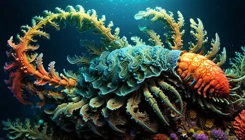 Ancient coral lobster as Nova zetangle fractals: Create 3D sculptures using these Fractals mandelbulb zetangle mandelbrot 8K 3D iridescent liminal Cinema 4D CryEngine deviantart, Duane Hanson , Robert