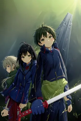 a group of young people wearing blue outfits and holding onto swords,shinran,swordsmen,madlax,dragon slayers,gainax,the three magi,Anime,Anime,Realistic