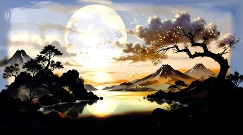 dusk background,landscape background,mountain scene,alfheim,aang,an island far away landscape,Illustration,Paper based,Paper Based 30