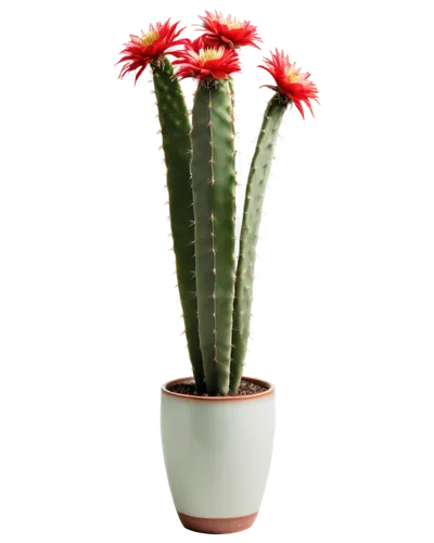 Prickly cactus, multiple stems, green skin, white areoles, red flowers, tall vase shape, ceramic pot, studio lighting, 3/4 composition, shallow depth of field, warm color tone, cinematic rendering.,re