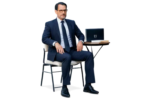 Businessman, middle-aged, suit, white shirt, black tie, briefcase, confident posture, sitting on chair, hands clasped together, serious facial expression, glasses, short black hair, trimmed beard, lux