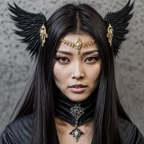 An angelic dark-haired female with facial jewelry.,asian costume,inner mongolian beauty,headdress,headpiece,asian woman,warrior woman,mulan,oriental princess,feather headdress,priestess,asian vision,o