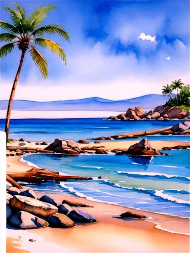 beach landscape,watercolor palm trees,coastal landscape,beach scenery,tropical beach,tropical sea,watercolor background,seascape,dream beach,sea landscape,landscape background,beach background,coconut trees,an island far away landscape,photo painting,mountain beach,beautiful beaches,tropical island,beautiful beach,paradise beach,Illustration,Paper based,Paper Based 25