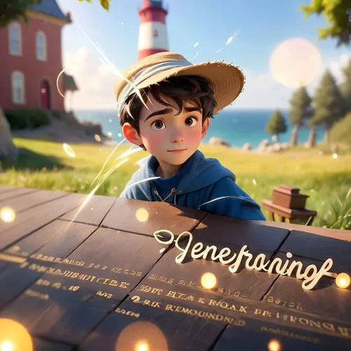 a boy sitting at a wooden bench in front of a light house,homering,tumblehome,fienberg,thorrington,compositing,eisenberg,Anime,Anime,Cartoon