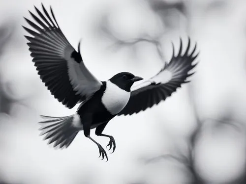 black and white bird flying through tree nches,pied crow,magpie,magpie lark,magpies,australian magpie,butcherbird