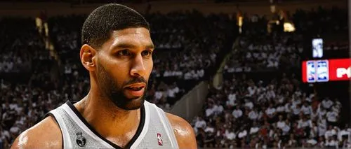 Tim Duncan, basketball player, athletic build, serious facial expression, short hair, sweat droplets on forehead, white jersey with black stripes, black shorts, sneakers, dribbling, shooting, slam dun