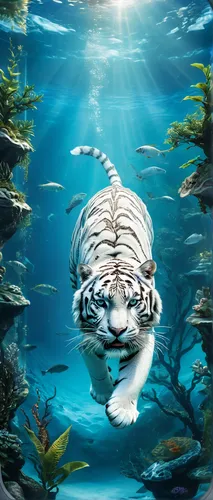 white tiger swimming, background, medical compartment of a starship, high-tech body scanning systems, cryocapsules, high altitude - technical trees, aquariums with monsters, multi-level high-tech spac