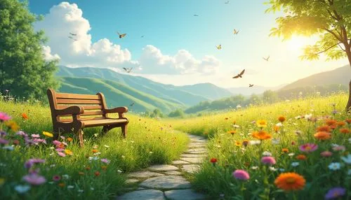 nature background,springtime background,spring background,landscape background,meadow landscape,nature wallpaper,flower background,background view nature,summer meadow,spring leaf background,cartoon video game background,spring morning,garden bench,dandelion background,spring meadow,flower meadow,park bench,a beautiful day,butterfly background,chair in field,Photography,General,Realistic