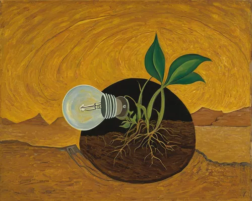 Sprouting plant growing inside of a lightbulb that is laying down on a desolate area of dirt,incandescent lamp,the light bulb,sunflowers in vase,incandescent light bulb,oil-related plant,kerosene lamp