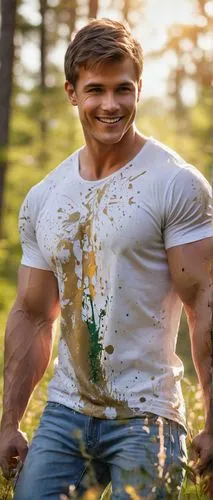 Muscular man, warm smile, gentle eyes, short brown hair, strong arms, open white shirt, casual jeans, barefoot, embracing, tenderly holding, loving gaze, soft focus, warm sunlight, peaceful atmosphere