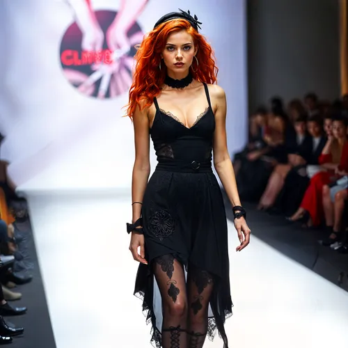 woman with red hair walking on runway during daytime,runway,catwalk,antm,dress walk black,gaultier,clary