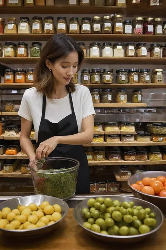 A woman carefully selecting ingredients at a gourmet food store.,cuisine of madrid,spice market,spice souk,mediterranean diet,establishing a business,mediterranean cuisine,latin american food,food pre