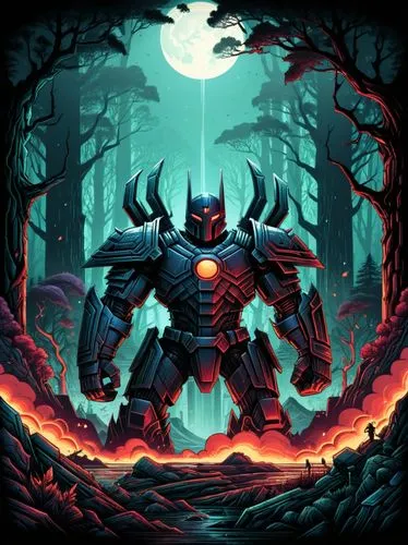 the robot wars movie poster, featuring a large humanoid in a forest,zador,grimm,tengen,blackthorne,castlevania,drakenstein,Illustration,Realistic Fantasy,Realistic Fantasy 25