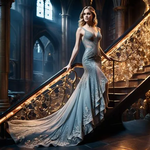 Hermine Jean Granger ( Harry Potter )

Sie geht gerade die Treppen hinter zum Hogwarts Ballsaal in einem atemberaubendem Kleid das teilweise dursichtig ist.
,wedding gown,bridal clothing,wedding dress