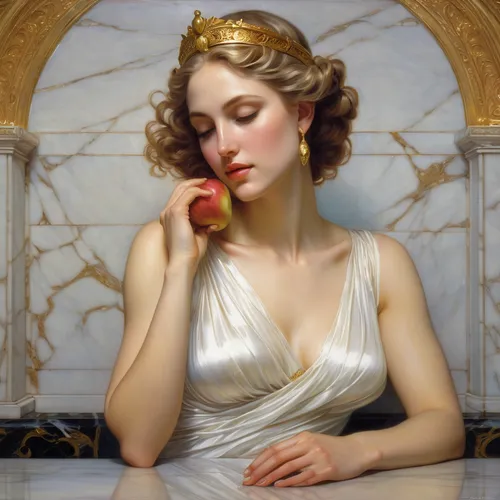 woman eating apple,emile vernon,psyche,aphrodite,the sleeping rose,art deco woman,bouguereau,cepora judith,diadem,athena,neoclassic,rose sleeping apple,neoclassical,classical,narcissus of the poets,camellia,golden apple,venus,sleeping rose,classical antiquity,Illustration,Realistic Fantasy,Realistic Fantasy 03