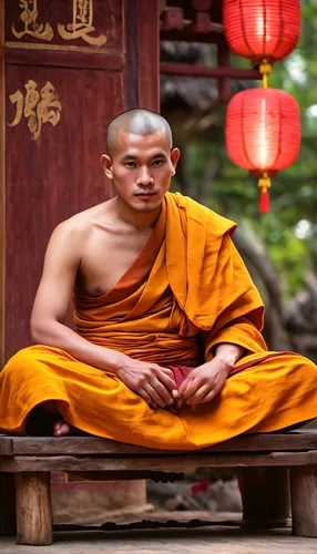 Create a picture of 1 monk, no more than 27 years old, with a venerable appearance. There is a respectable aura of Buddhism, sitting on a seat at the temple pavilion, receiving gifts from kith and kin