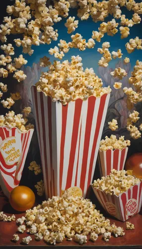 Create a whimsical scene depicting popcorn coming to life and having a joyful dance party.,movie theater popcorn,pop corn,popcorn,silviucinema,playcorn,popcorn machine,kernels,cinema 4d,cinema seat,mo