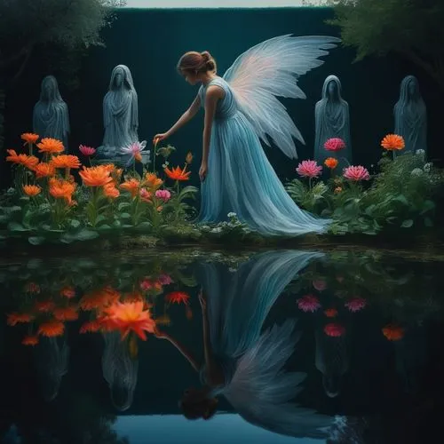 In a twilight garden, a woman with wings of compassion tends to a garden of souls. Each flower she nurtures blooms with vibrant colors, representing the lives she touches. Yet, her own petals remain c