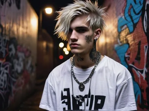 Lil Peep, emo rapper, white shirt, black jeans, Converse shoes, silver chain necklace, messy blond hair, bold eyebrows, tattoos on arms, melancholic expression, solo, urban streets, graffiti walls, ni