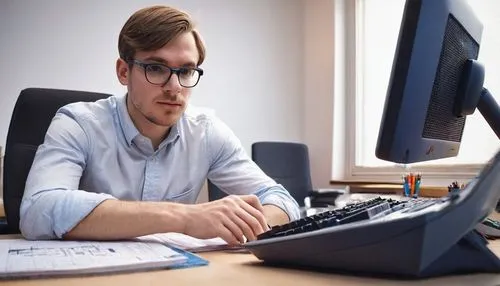 Modern telecommunications engineer, male, 30s, bespectacled, short hair, white shirt, blue jeans, sitting, desk, computer, keyboard, mouse, broadband router, network cables, diagrams, papers, pens, of