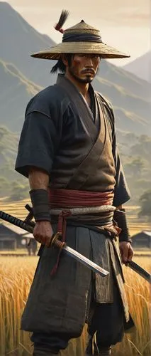 Kenshi, Japanese samurai, straw hat, worn and weathered, traditional armor, katana at side, muscular arms, scar above eyebrow, rugged facial features, serious expression, standing, rural landscape, ri