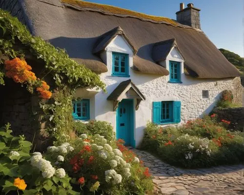 Cornish cottage, white stone walls, steeply pitched roof, chimney puffing smoke, flower-filled window boxes, delicate wooden shutters, half-timbered facade, rustic door with iron knocker, lantern-styl