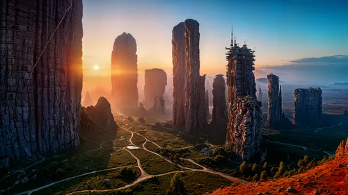 primordia,futuristic landscape,landscape background,mountain sunrise,dolomites,fantasy landscape