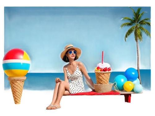 woman with ice-cream,summer items,ice cream icons,summer background,summer icons,maracas,ice cream stand,ice cream shop,summer clip art,beach background,3d background,barotropic,summer foods,summer hat,vacansoleil,colada,coconut hat,bahama,ice cream cart,summer beach umbrellas,Illustration,Realistic Fantasy,Realistic Fantasy 17