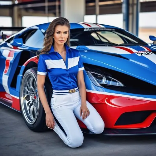 Beautiful woman wearing a blue and white racing shirt and blue pants next to a white and red racing car.,ford gt 2020,maserati racing,chrysler viper gts-r,race car driver,sport car,bmw motorsport,spor