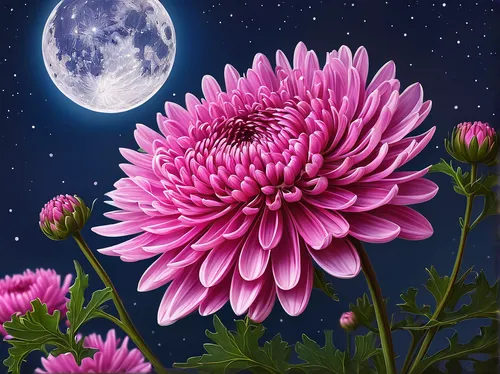 Write a romantic poem about pink chrysanthemums blooming under the moonlit sky.,pink chrysanthemum,celestial chrysanthemum,chrysanthemum background,pink chrysanthemums,purple chrysanthemum,cosmic flow