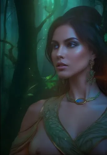 женщина с телом богини, в сказочном лесу,woman in green dress in a fantasy environment,inara,kahlan,faerie,surana,fantasy woman,the enchantress,Photography,General,Fantasy