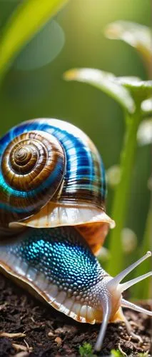 Fat, Turbo-inspired, futuristic snail, shimmering metallic shell, iridescent colors, glowing blue stripes, slimy trail, slow movement, garden, greenery, flowers, sunny day, warm lighting, 3/4 composit