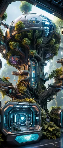 Starship medical compartment, high-tech body scanning systems, cryocapsules, tall high-tech trees, aquariums with monsters, multi-level high-tech space, space background,futuristic landscape,terraform