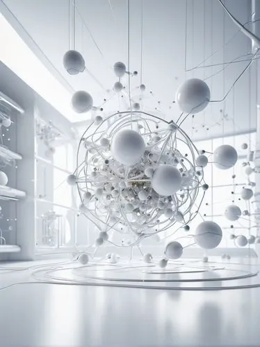 Ab initio architecture diagram, futuristic, modern, sleek, minimalist, white background, 3D visualization, nodes connected by lines, spheres representing atoms, molecular structures, quantum mechanics