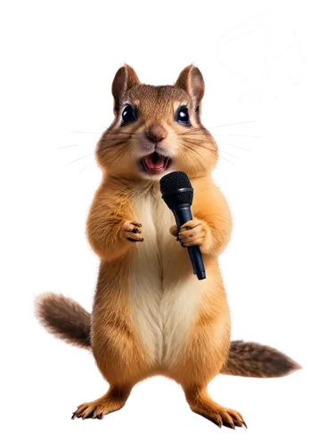 Adorable chipmunk, solo, (10cm), fluffy fur, brown eyes, tiny nose, cute mouth, standing on hind legs, holding small microphone, singing into mic, musical notes around head, colorful background, brigh