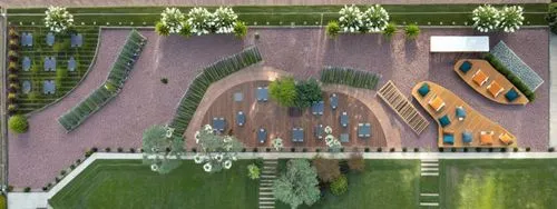 mesas, bancas, arboles, textura hormigon y madera, escaleras, areas. vista aeria. ,an overhead view of several patio furniture arranged on the grass,parterre,urban park,landscape design sydney,museump