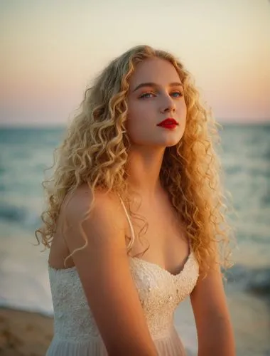 a portrait half body of a beautiful caucasian young 21 years old, blonde and curly hair, blue eyes red lips, wearing a white dress stand up in the beach whit the sea as background at sunset in 4k,gold