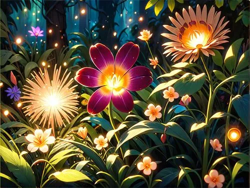 花朵和树叶，飘落,fairy lanterns,flower painting,fireflies,bulbs,bright flowers,cluster-lilies,night-blooming cactus,luminous garland,lanterns,wild tulips,cartoon flowers,flowers png,fairy galaxy,fairy world,f