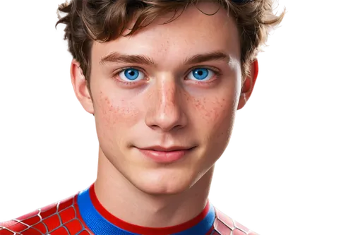 Spider-Man, facial close-up, Caucasian male, 17-20 years old, messy brown hair, bright blue eyes, red marks under eyes, freckles on cheeks, small nose, smiling, mask partially removed, detailed skin t