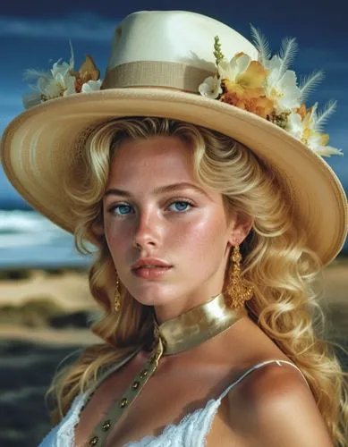 a woman with blonde hair and big blue eyes wearing a floppy hat,connie stevens - female,eleniak,bardot,womans seaside hat,ann margaret,panama hat,Photography,General,Realistic