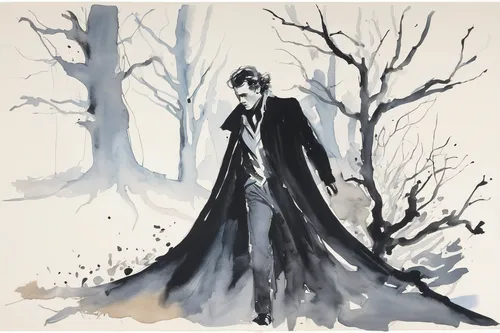 long coat,fashion illustration,imperial coat,shinigami,overcoat,black coat,cloak,bran,the snow queen,mourning swan,sibelius,undertaker,grim reaper,costume design,coat,forest man,halloween bare trees,gothic woman,sleepwalker,wraith,Art,Artistic Painting,Artistic Painting 24