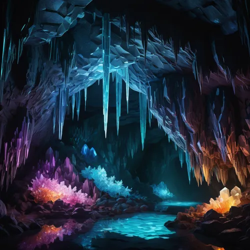 "Create an AI-rendered image of a cave made entirely of shimmering crystals, inspired by the aesthetics of classic video game graphics. Envision a labyrinthine network of caverns adorned with faceted 