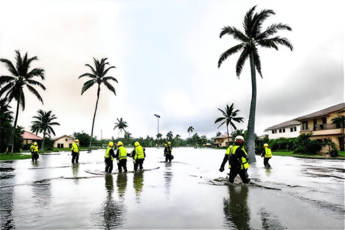 Hurricane, stormy weather, dark clouds, strong winds, heavy rain, palm trees swaying, broken windows, flooded streets, destroyed buildings, debris scattered, rescue workers, yellow vests, helmets, ref