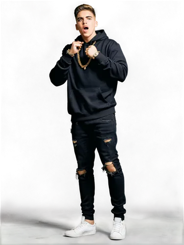 Drill music artist, masculine, aggressive facial expression, bold eyebrows, gold chain, black hoodie, ripped jeans, white sneakers, confident posture, microphone in hand, shouting, dynamic lighting, h