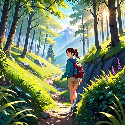 forest walk,forest background,forest path,trail,in the forest,world digital painting,wander,hiker,hiking,studio ghibli,hiking path,cartoon video game background,hikers,landscape background,digital painting,mountain hiking,cg artwork,hike,game illustration,cartoon forest,Anime,Anime,Realistic