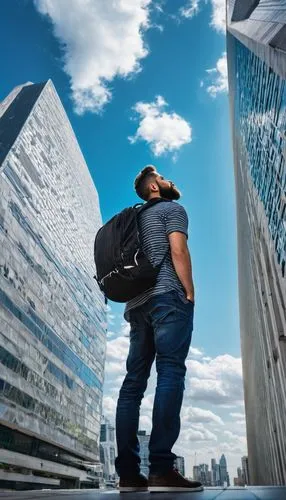 male photographer, 30s, beard, casual clothing, camera equipment, backpack, standing, looking up, admiring architecture, modern skyscraper, cityscape, urban atmosphere, sunny day, blue sky, few white 