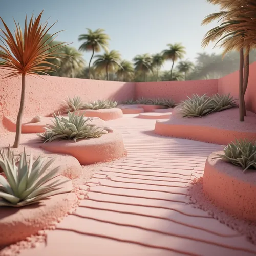 Clay Design by Alberto Campo Baeza architects. Tropical Landscape architecture, photo realistic render, shallow depth of field,Close up, clear details, white, pink and orange clay, Chaos Group render,