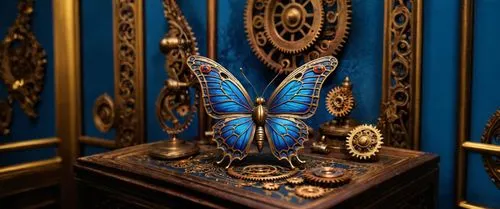 blue wooden bee,ulysses butterfly,morpho butterfly,blue butterfly,replica of tutankhamun's treasure,morpho