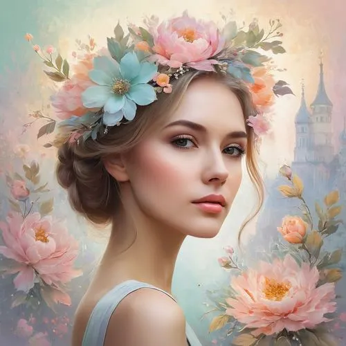 flower fairy,romantic portrait,fantasy portrait,spring crown,girl in flowers,faery,mystical portrait of a girl,blooming wreath,fairy queen,wreath of flowers,beautiful girl with flowers,flower girl,elven flower,splendor of flowers,princess crown,fairy tale character,girl in a wreath,flower background,faerie,beautiful bonnet,Art,Classical Oil Painting,Classical Oil Painting 18